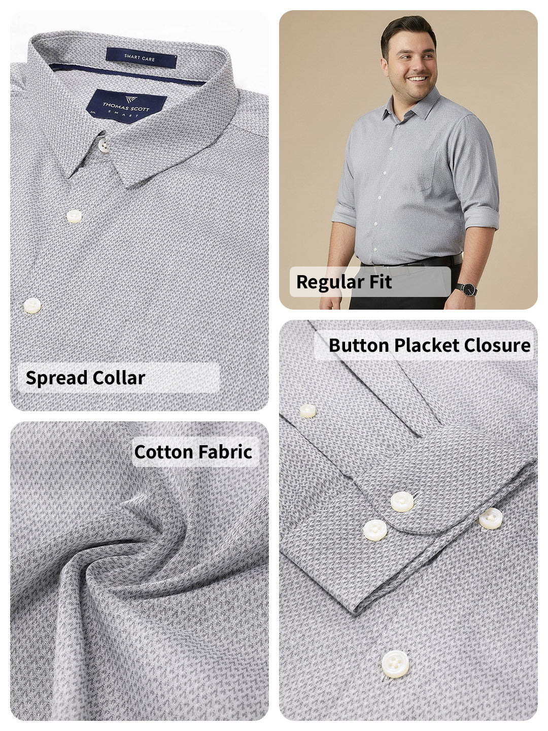 Thomas Scott Men Black Plus Size Smart Regular Fit Long Sleeves Spread Collar 100% Cotton Solid Formal Shirt