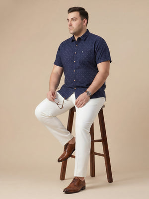 Deep Navy 1 Plus Size Regular Fit Micro Ditsy Printed Spread Collar 100% Cotton Casual Shirt For Men