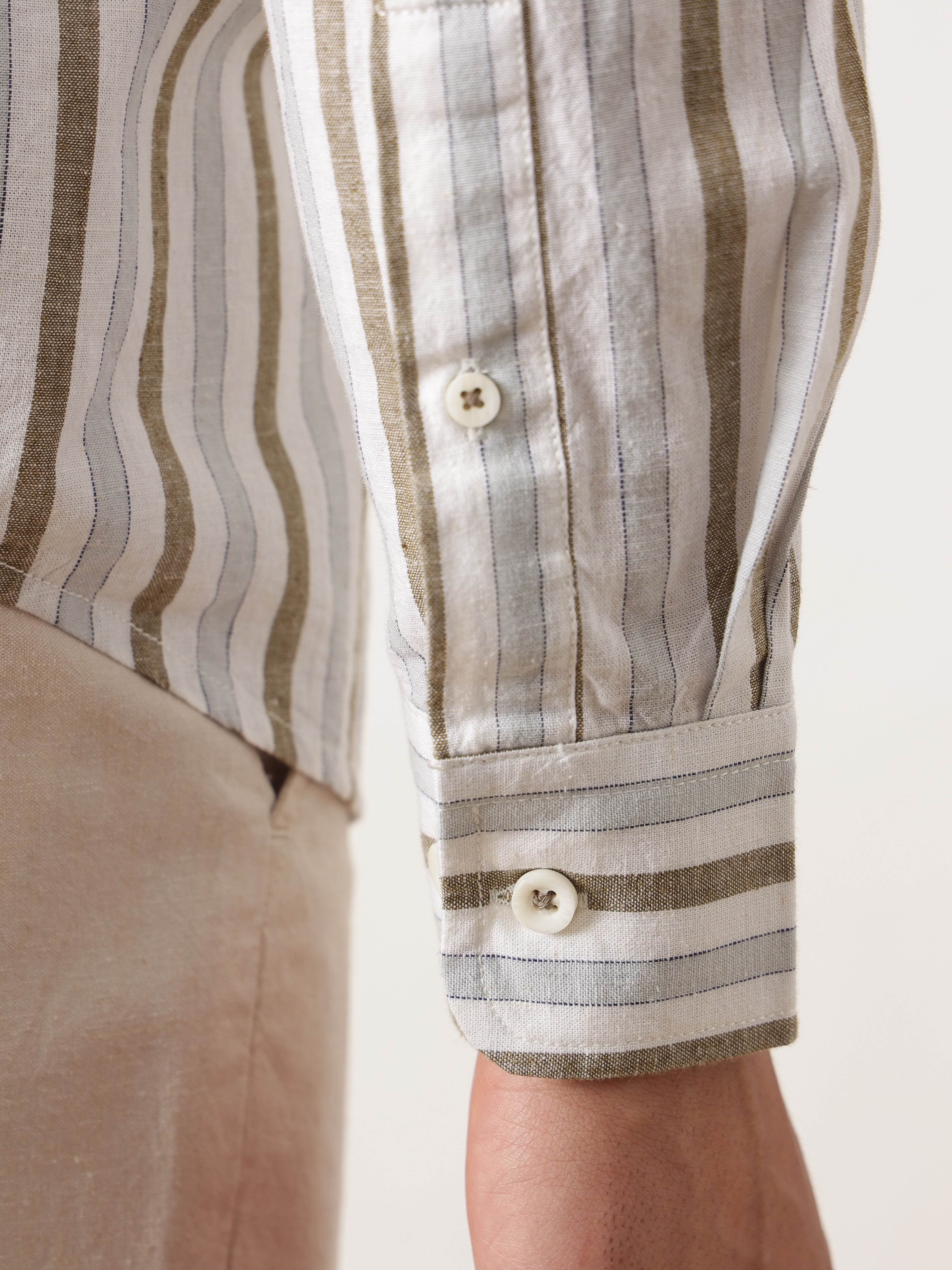 Thomas Scott Men Premium White Slim Fit Long Sleeves Vertical Striped Cotton Linen Casual Shirt with Button Down Collar