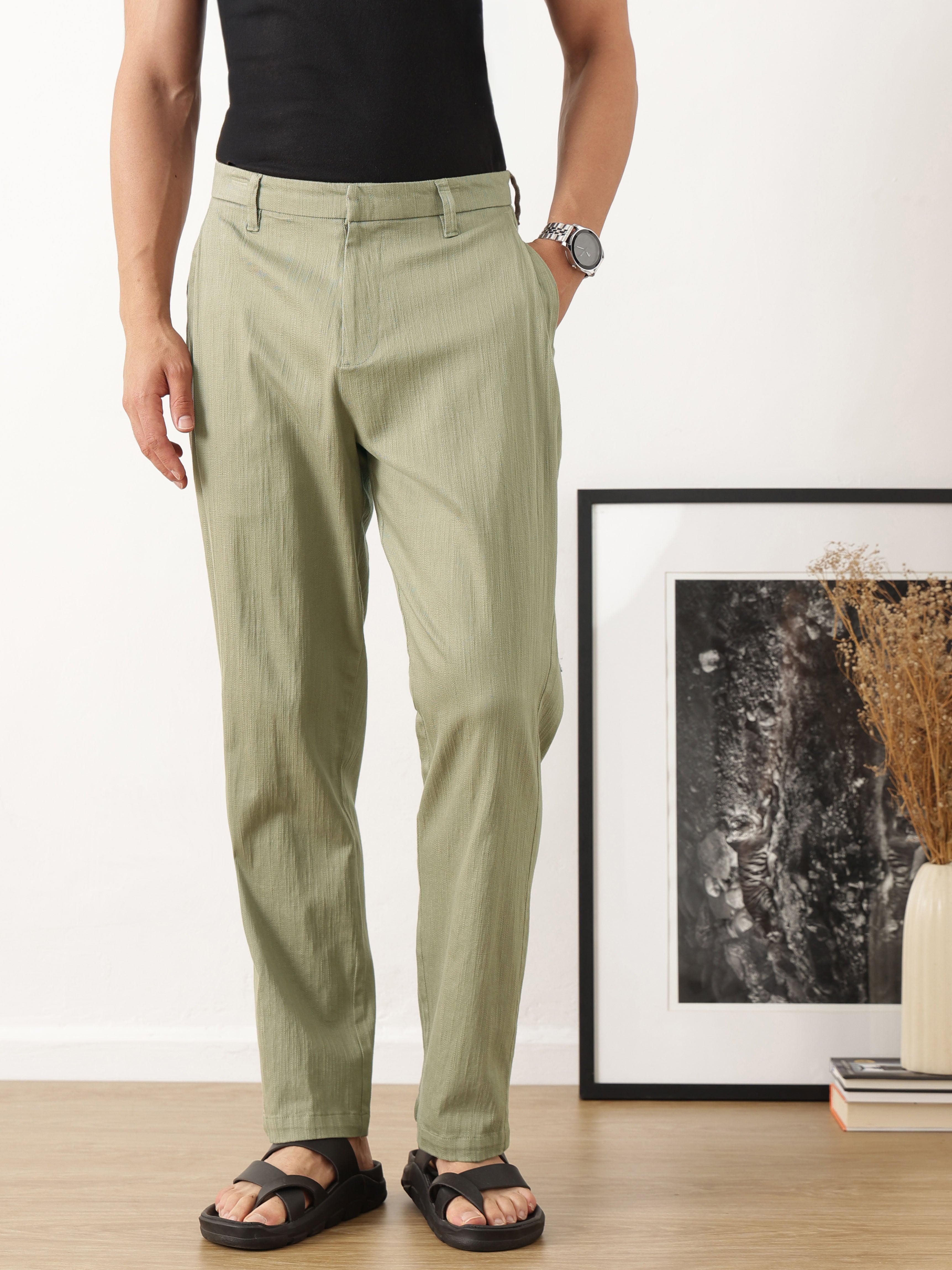 Thomas Scott Men Olive Smart Solid Regular Fit Woven Linen Pleated Trousers