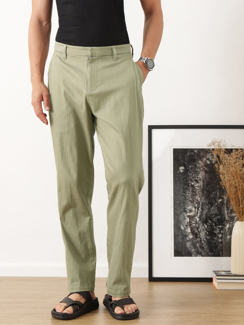 Thomas Scott Men Olive Smart Solid Regular Fit Woven Linen Pleated Trousers