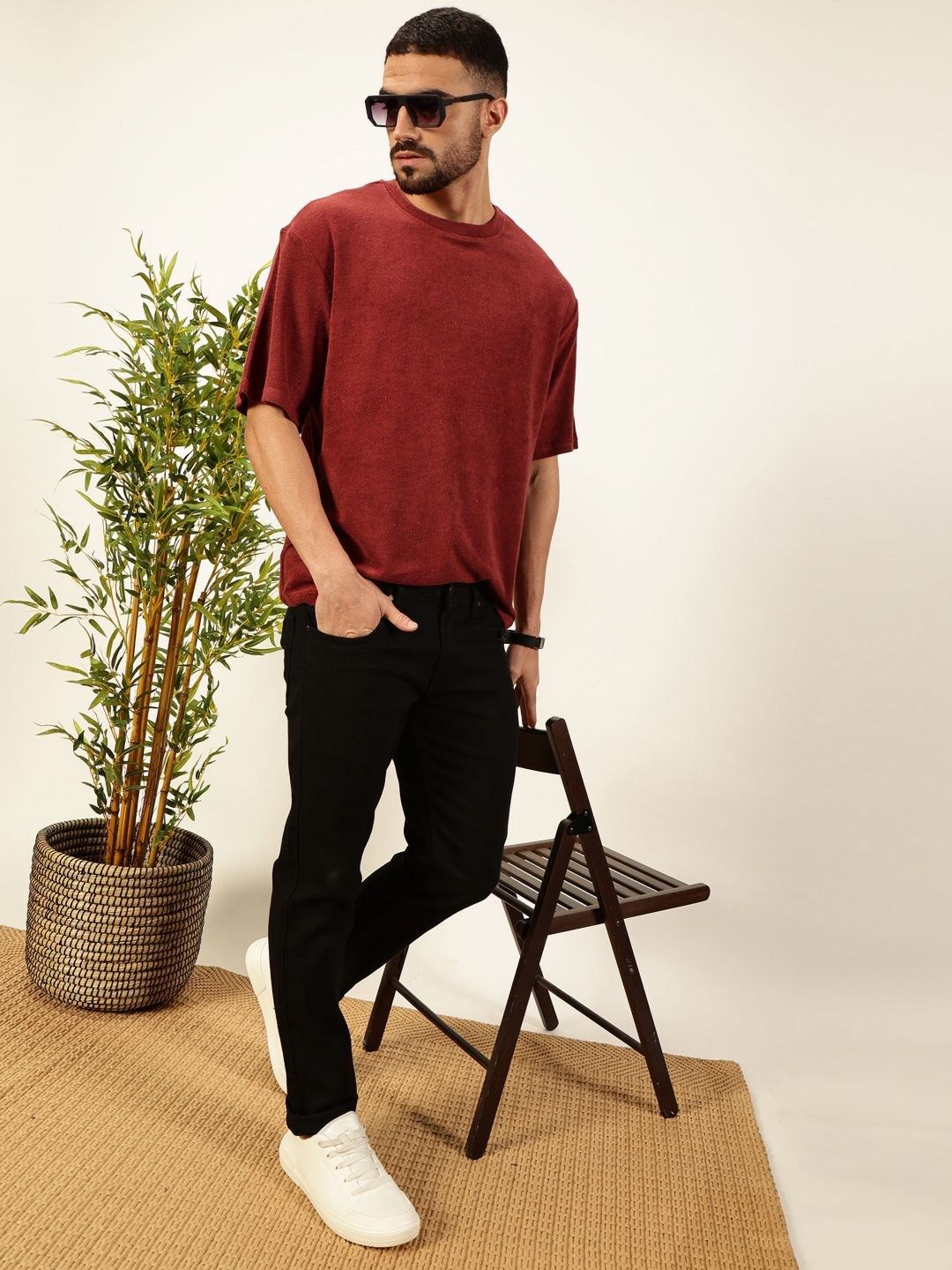 Red Oversized Short Sleeves Towel Terry Round Neck Knitted T-shirt For Men