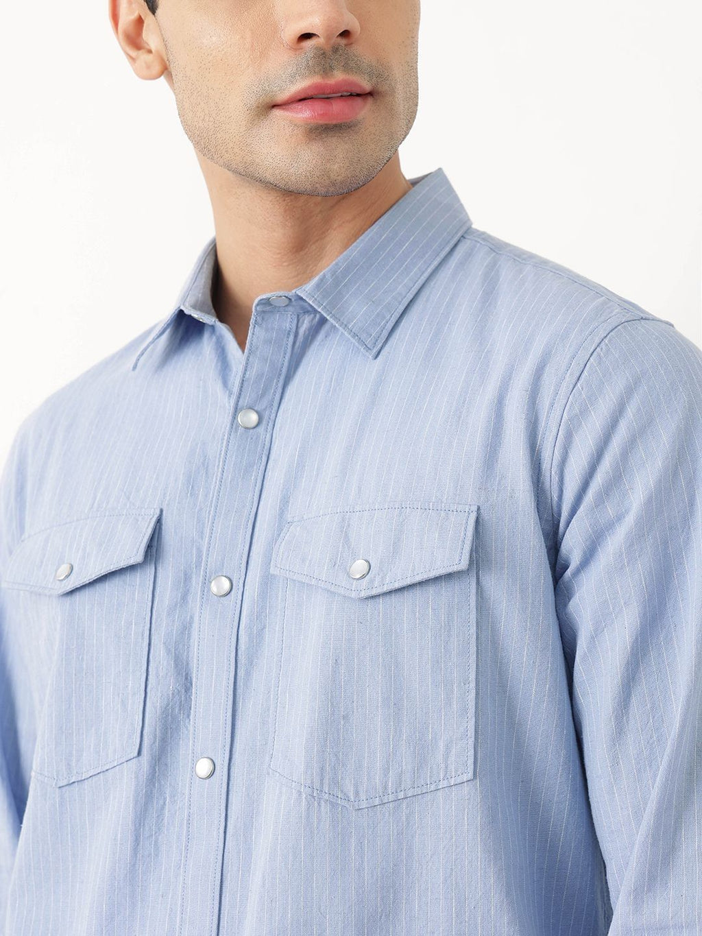 Blue Premium Slim Fit Long Sleeves Spread Collar Pinstripes Cotton Linen Casual Shirt For Men