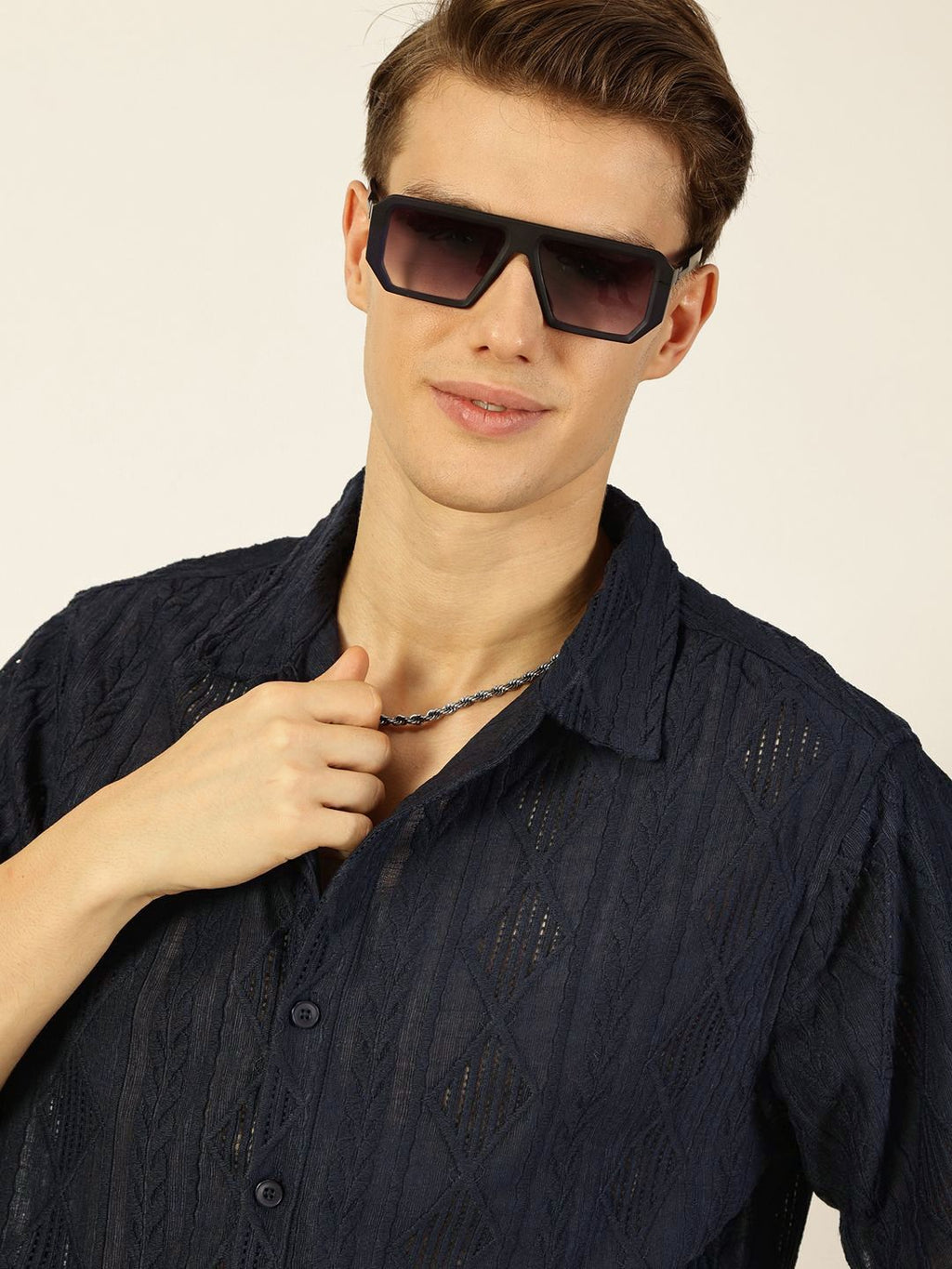 Navy Premium Oversized Short Sleeves Spread Collar Textured Casual Shirt For Men