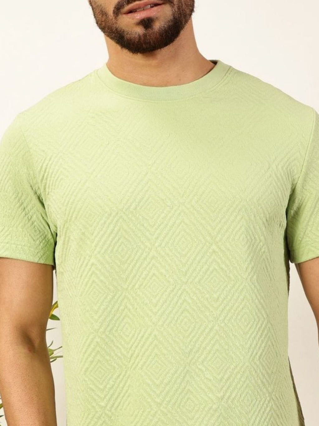 Lime Green Regular Fit Short Sleeves Round Neck Solid Knitted Tshirt For Men