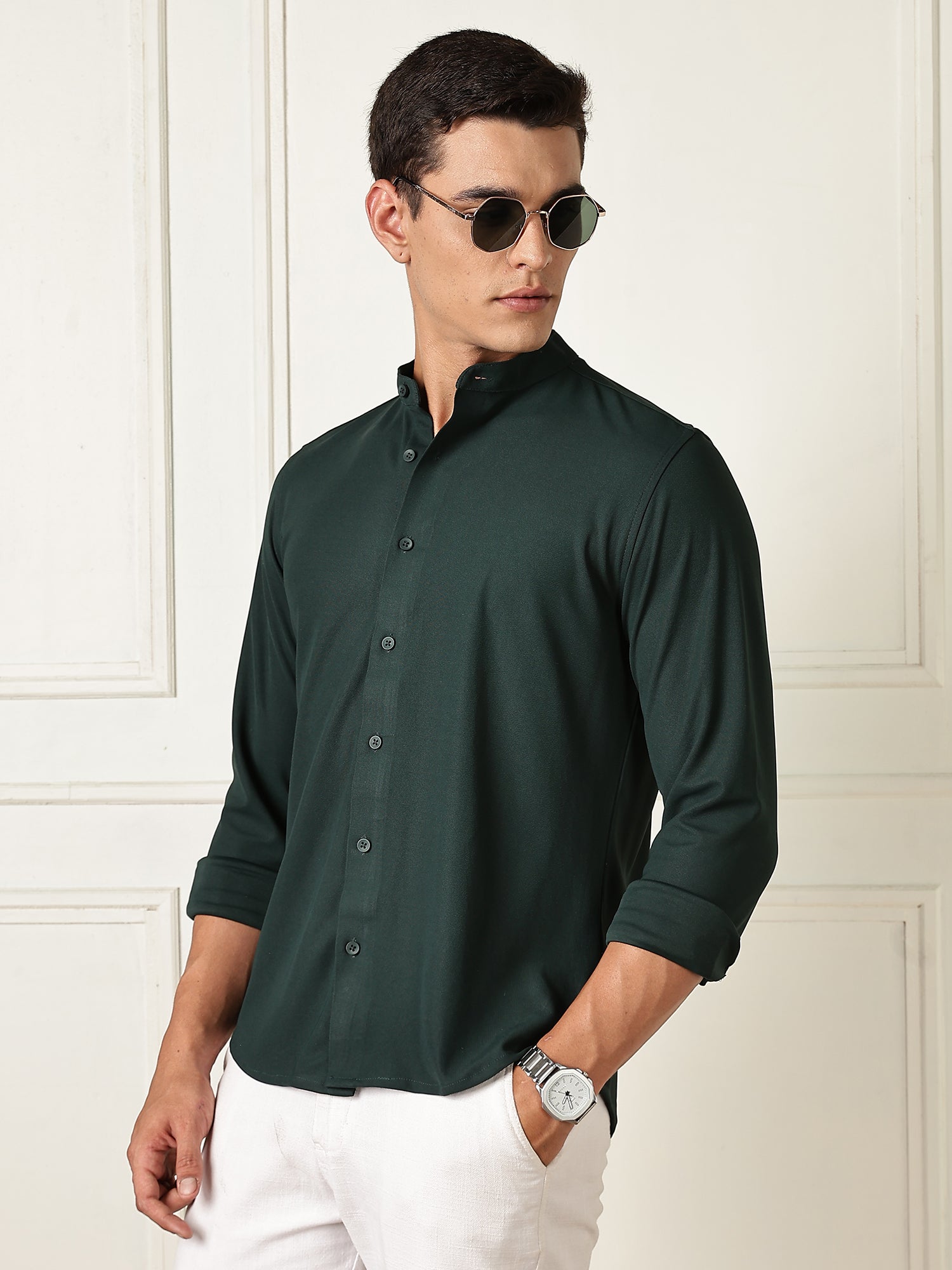 Thomas Scott Men Green Premium Slim Fit Long Sleeves Mandarin Collar 4 Way Stretch CoolMax Knitted Shirt