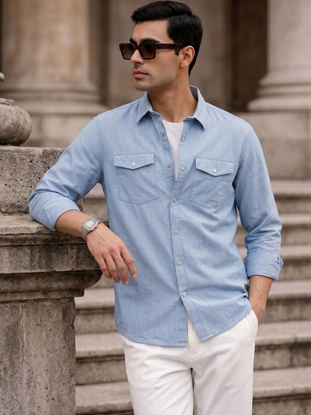 Blue Premium Slim Fit Long Sleeves Spread Collar Pinstripes Cotton Linen Casual Shirt For Men