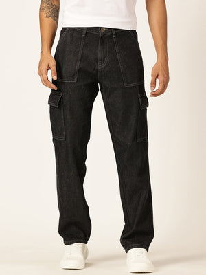 Black Smart Relaxed Fit Mid-Rise Non-Stretch Cargo Jeans For Men