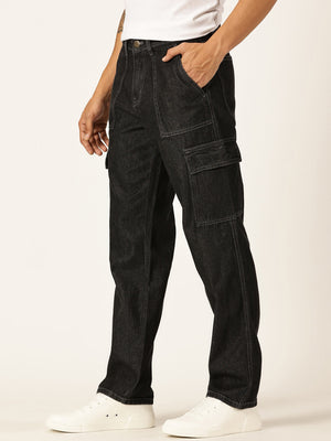 Black Smart Relaxed Fit Mid-Rise Non-Stretch Cargo Jeans For Men