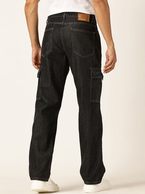 Black Smart Relaxed Fit Mid-Rise Non-Stretch Cargo Jeans For Men