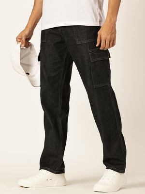 Black Smart Relaxed Fit Mid-Rise Non-Stretch Cargo Jeans For Men