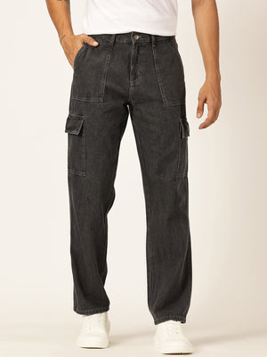 Grey Smart Relaxed Fit Mid-Rise Non-Stretch Cargo Jeans For Men