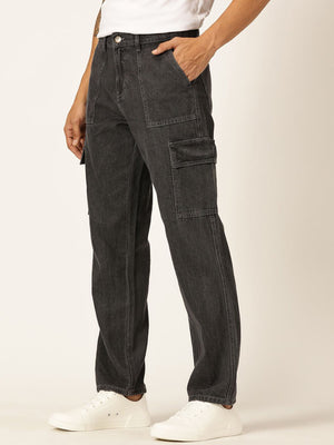 Grey Smart Relaxed Fit Mid-Rise Non-Stretch Cargo Jeans For Men