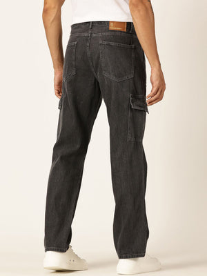 Grey Smart Relaxed Fit Mid-Rise Non-Stretch Cargo Jeans For Men