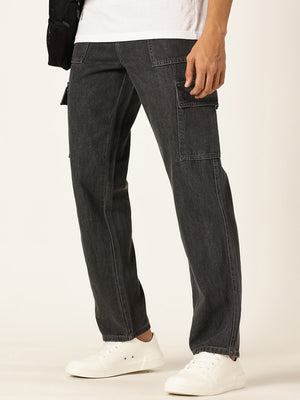 Grey Smart Relaxed Fit Mid-Rise Non-Stretch Cargo Jeans For Men