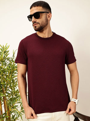 Burgundy Regular Fit Short Sleeves Anti Odour Solid Round Neck Knitted T-Shirt For Men