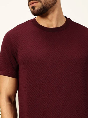 Burgundy Regular Fit Short Sleeves Anti Odour Solid Round Neck Knitted T-Shirt For Men