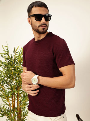 Burgundy Regular Fit Short Sleeves Anti Odour Solid Round Neck Knitted T-Shirt For Men