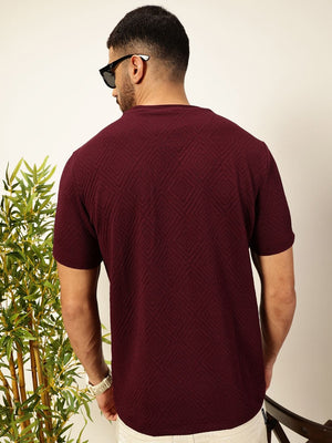 Burgundy Regular Fit Short Sleeves Anti Odour Solid Round Neck Knitted T-Shirt For Men