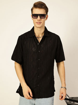 Black Premium Short Sleeves Spread Collar Oversized Textured Casual Shirt For Men