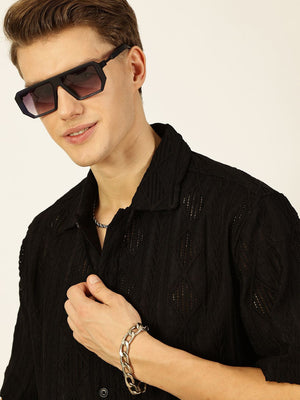 Black Premium Short Sleeves Spread Collar Oversized Textured Casual Shirt For Men