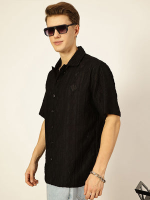 Black Premium Short Sleeves Spread Collar Oversized Textured Casual Shirt For Men