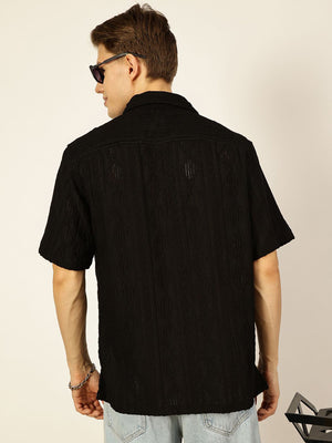 Black Premium Short Sleeves Spread Collar Oversized Textured Casual Shirt For Men