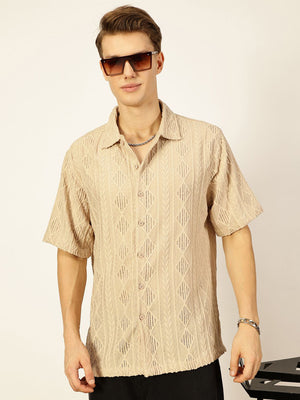 Beige Premium Short Sleeves Spread Collar Oversized Textured Casual Shirt For Men