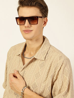 Beige Premium Short Sleeves Spread Collar Oversized Textured Casual Shirt For Men