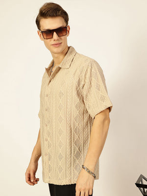 Beige Premium Short Sleeves Spread Collar Oversized Textured Casual Shirt For Men