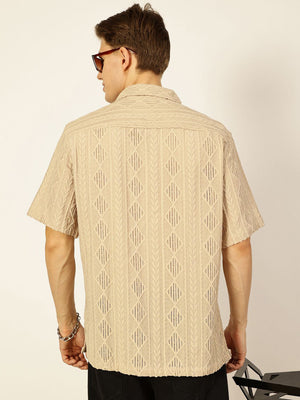 Beige Premium Short Sleeves Spread Collar Oversized Textured Casual Shirt For Men
