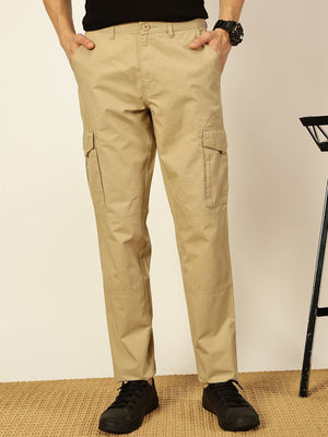 Beige Smart Regular Fit Mid-Rise Solid Cotton Woven Cargo Trouser For Men