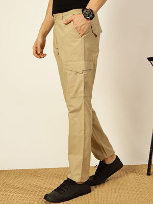 Beige Smart Regular Fit Mid-Rise Solid Cotton Woven Cargo Trouser For Men