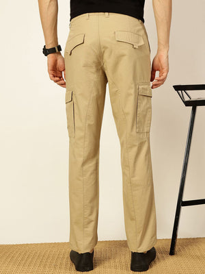 Beige Smart Regular Fit Mid-Rise Solid Cotton Woven Cargo Trouser For Men