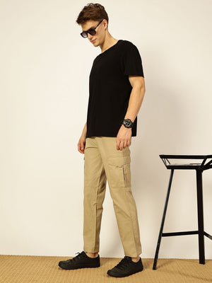 Beige Smart Regular Fit Mid-Rise Solid Cotton Woven Cargo Trouser For Men