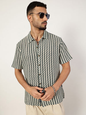 Dark Green Premium Slim Fit Vertical Striped Cotton Casual Shirt For Men