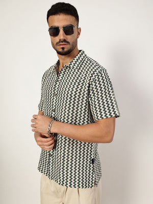 Dark Green Premium Slim Fit Vertical Striped Cotton Casual Shirt For Men