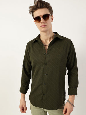 Green Premium Slim Fit Long Sleeves Spread Collar Textured Solid Casual Shirt For Men
