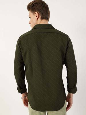 Green Premium Slim Fit Long Sleeves Spread Collar Textured Solid Casual Shirt For Men