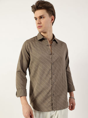 Grey Premium Slim Fit Long Sleeves Spread Collar Textured Solid Casual Shirt For Men