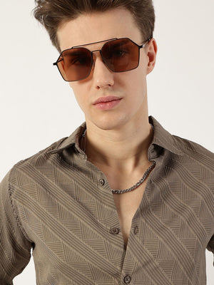 Grey Premium Slim Fit Long Sleeves Spread Collar Textured Solid Casual Shirt For Men