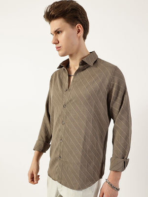 Grey Premium Slim Fit Long Sleeves Spread Collar Textured Solid Casual Shirt For Men