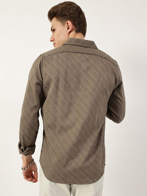 Grey Premium Slim Fit Long Sleeves Spread Collar Textured Solid Casual Shirt For Men