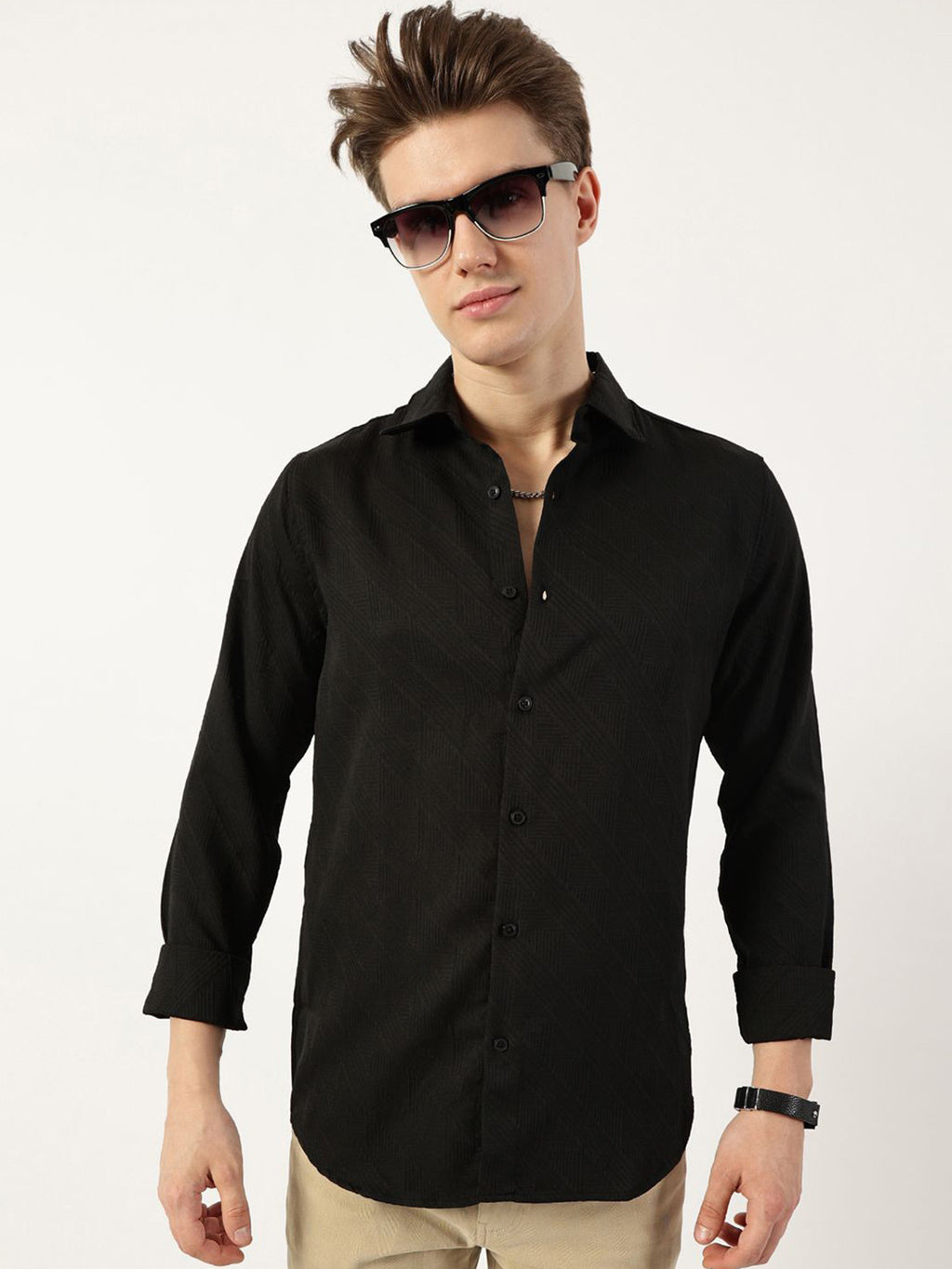 Black Premium Slim Fit Long Sleeves Spread Collar Textured Solid Casual Shirt For Men