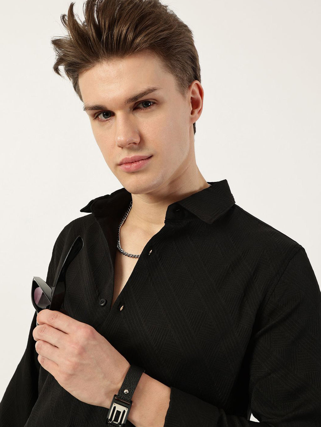 Black Premium Slim Fit Long Sleeves Spread Collar Textured Solid Casual Shirt For Men