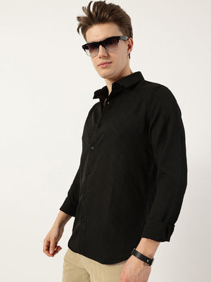 Black Premium Slim Fit Long Sleeves Spread Collar Textured Solid Casual Shirt For Men