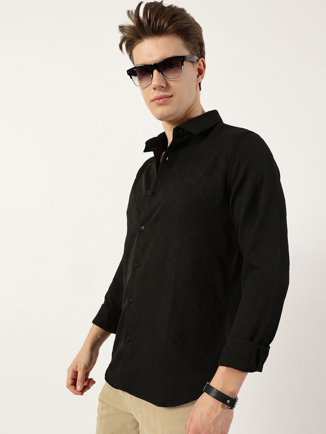 Black Premium Slim Fit Long Sleeves Spread Collar Textured Solid Casual Shirt For Men