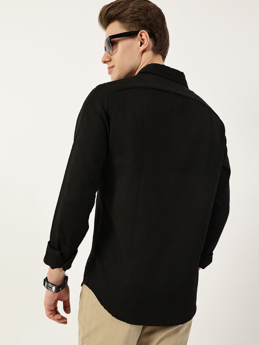 Black Premium Slim Fit Long Sleeves Spread Collar Textured Solid Casual Shirt For Men