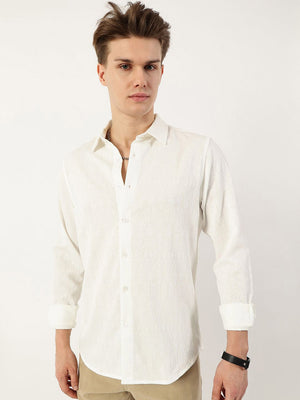 White Premium Spread Collar Long Sleevevs Textured Slim Fit Casual Shirt For Men