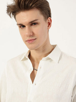 White Premium Spread Collar Long Sleevevs Textured Slim Fit Casual Shirt For Men